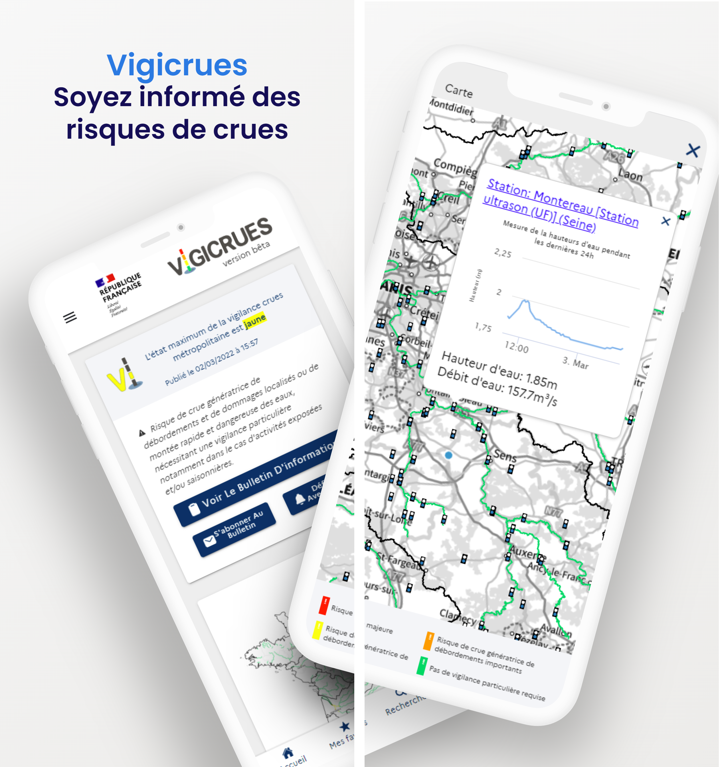 Visuel montrant deux captures d’écran de l’application Vigicrues.